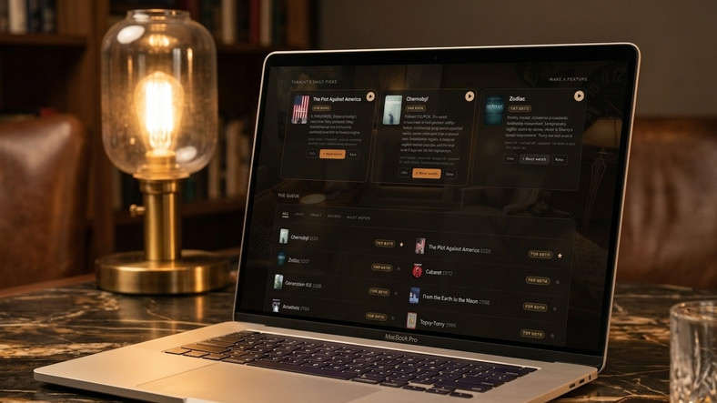 The site open on a laptop in a warm room, beside a lamp